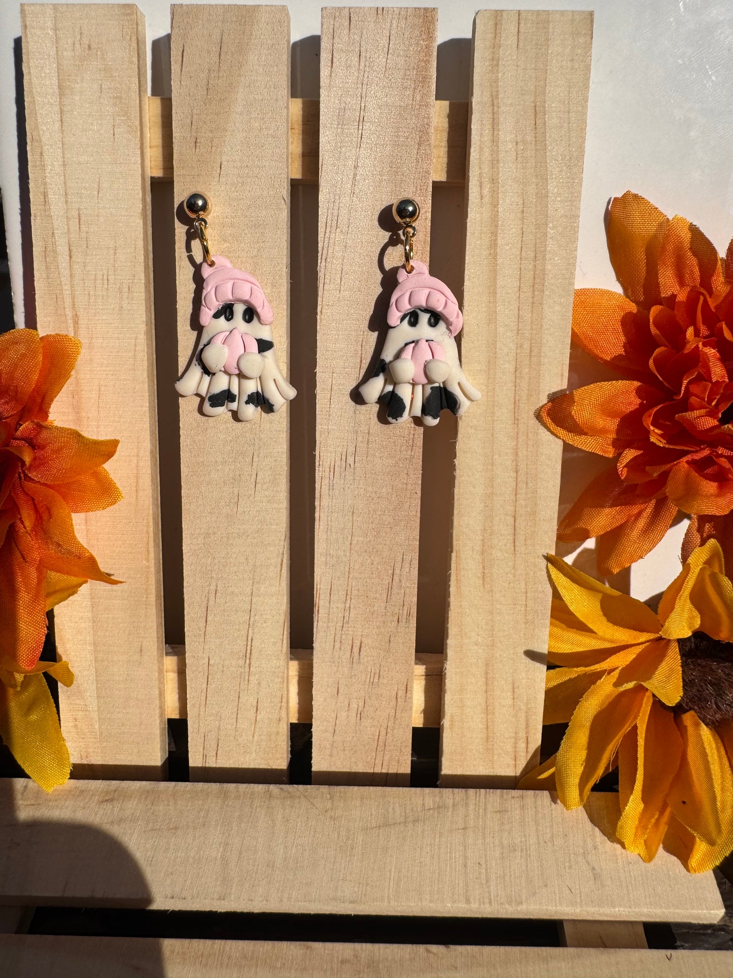 Handmade Cow Print Ghost Winter Earrings