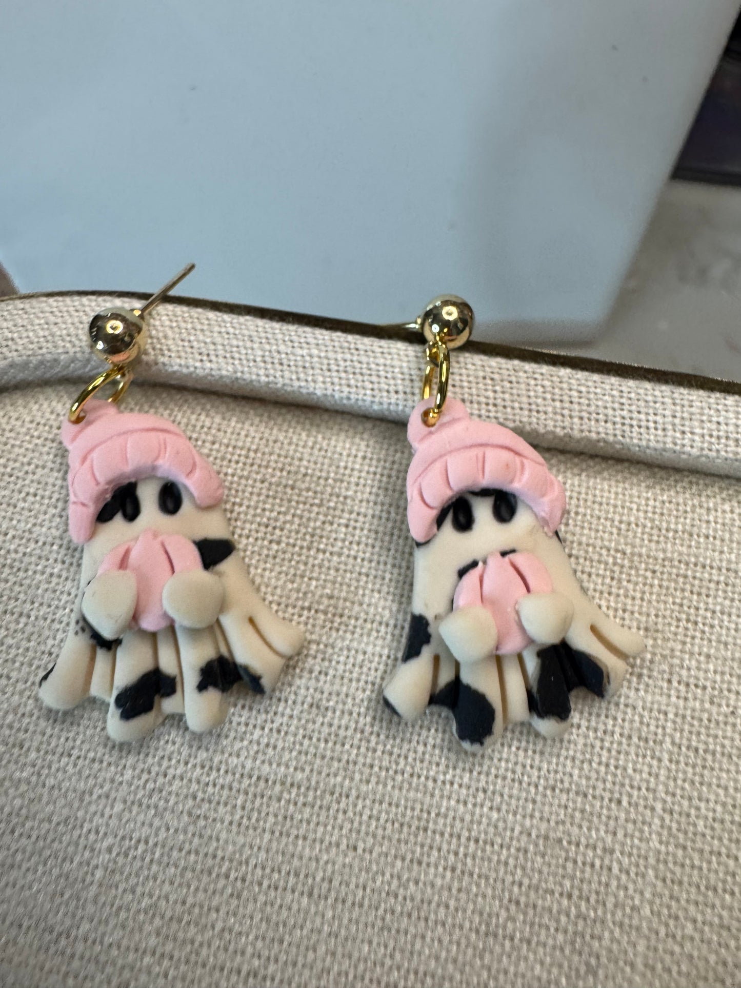 Handmade Cow Print Ghost Winter Earrings